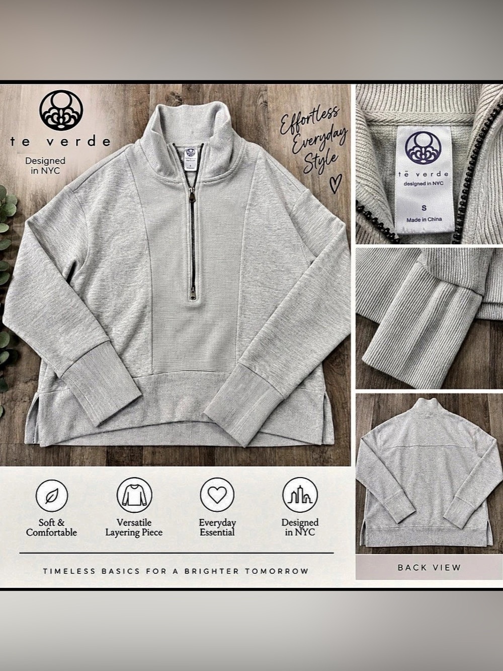 Te Verde Gray Quarter Zip Pullover Sweatshirt Size S